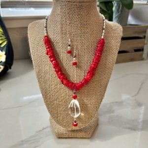 Fire & Ice Necklace - Red Bamboo Coral, Quartz